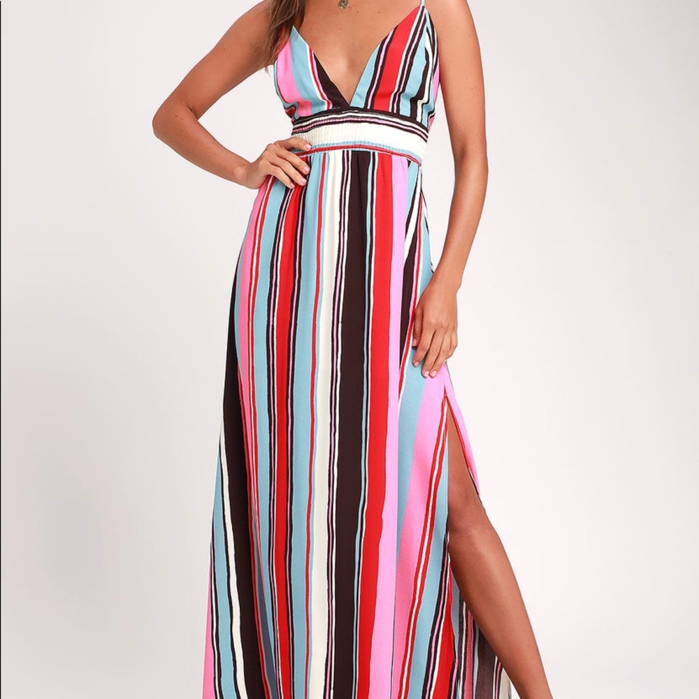 Pink and Light Blue Multi Stripe Maxi Dress